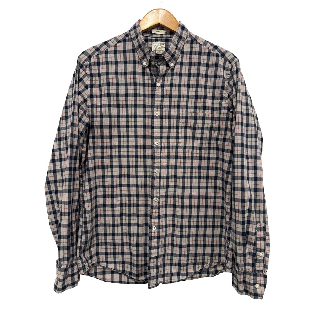 J.Crew Secret Wash Slim Organic Cotton Stretch Plaid Shirt Navy Grey Red Large